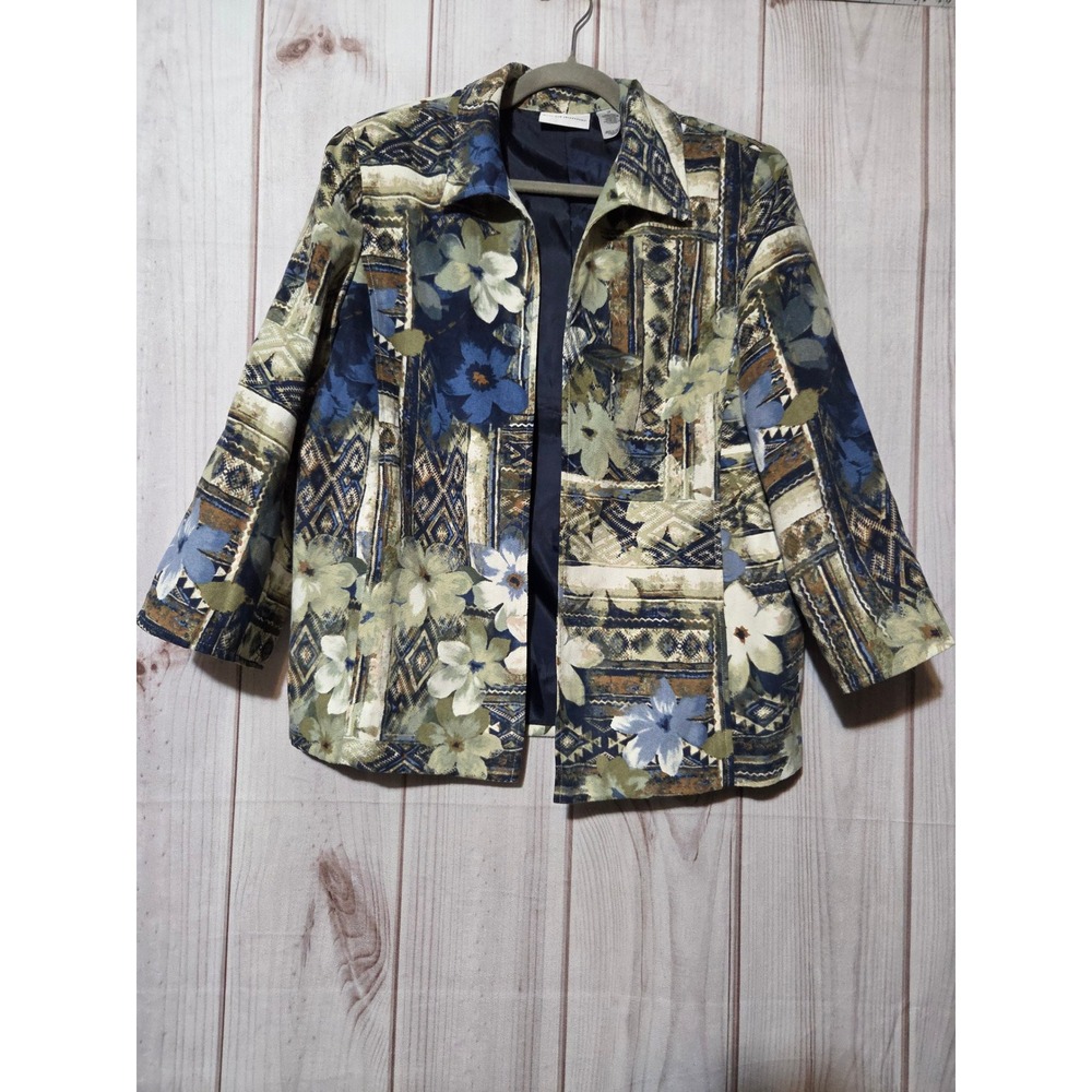 Alfred Dunner Womens Blue Floral Faux Suede Patchwork Jacket Size 12 Open Front